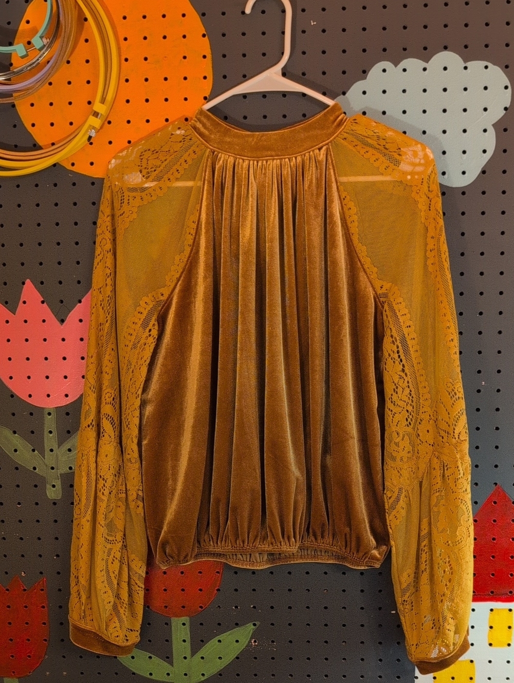 Free People Dream Team Velvet Lace Long-Sleeve Top in Mustard Small